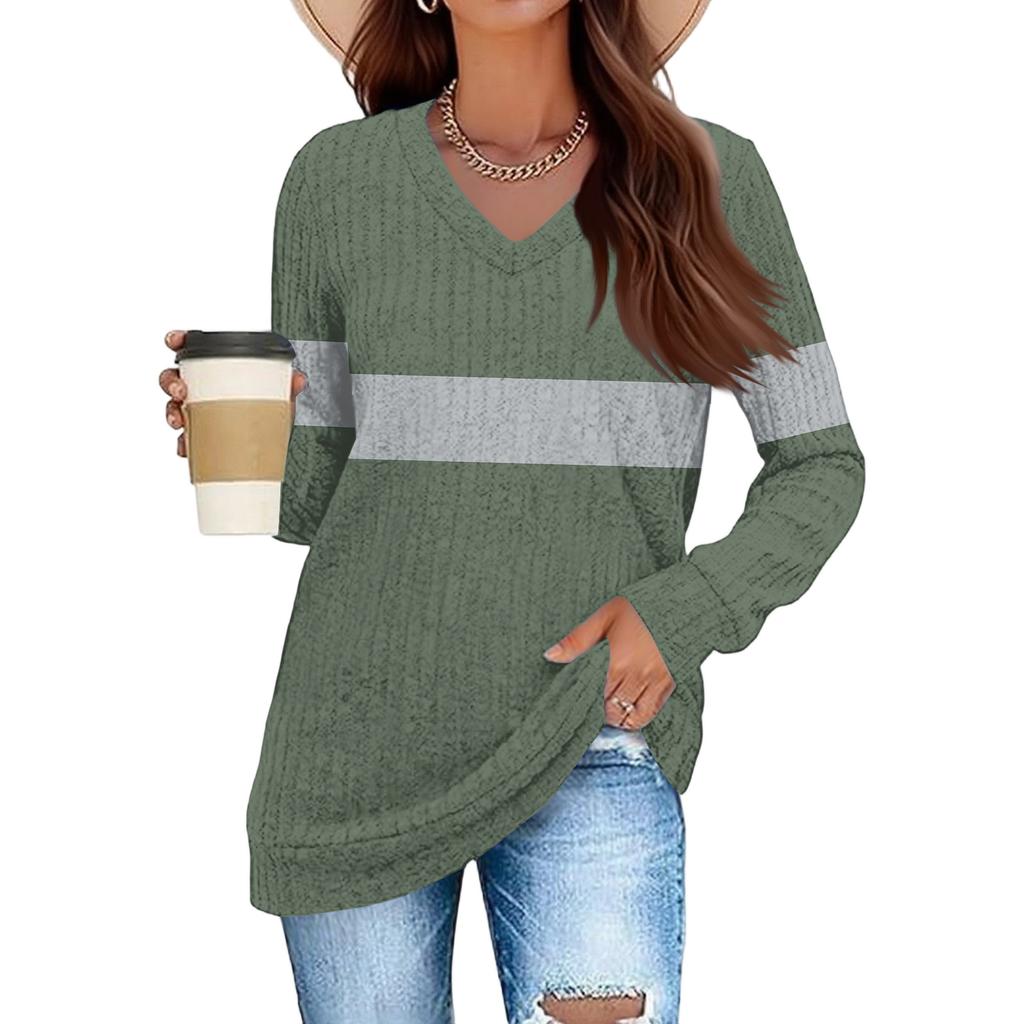 Women's Fashionable Oversized V-Neck T-Shirt With Striped Patchwork Print Long-Sleeved Pullover Top