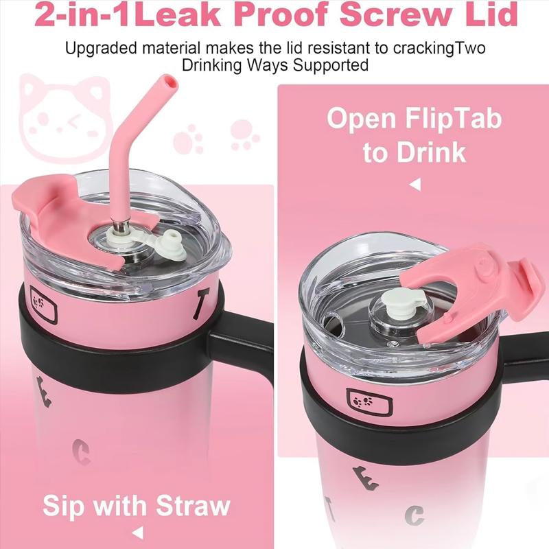 1.2L Dual - Drink Insulated Tumbler, Sweet - Cool Black - Pink Large - Capacity Portable Straw Cup With Handle And Straw