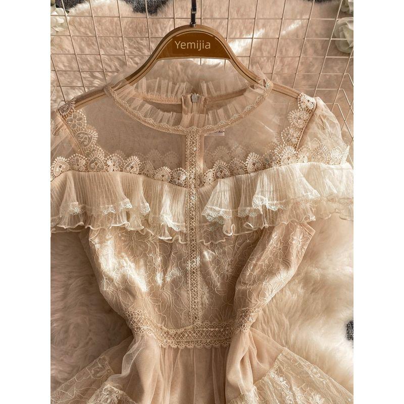 Stylish Mesh Long Dress Female 2024 Summer New Arrival Socialite Elegant Ruffle Sleeve Waist Trimming Short-Sleeved A- line Dress