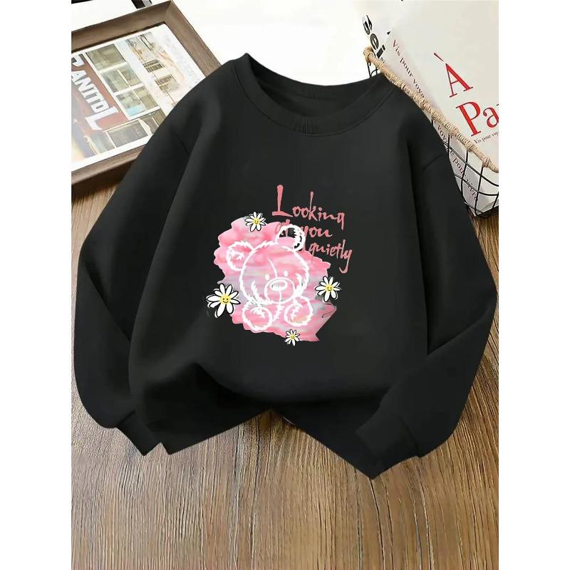 Kids Crewneck Sweatshirt, Pink Bear with Daisies & Letter PrintSpring Autumn Casual Sport Tops