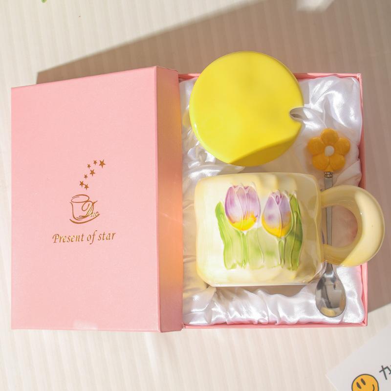 High Value Ins Style Tulip Cup for Girls Cute Ceramic Mug with Lid Spoon Couple Home Coffee Cup