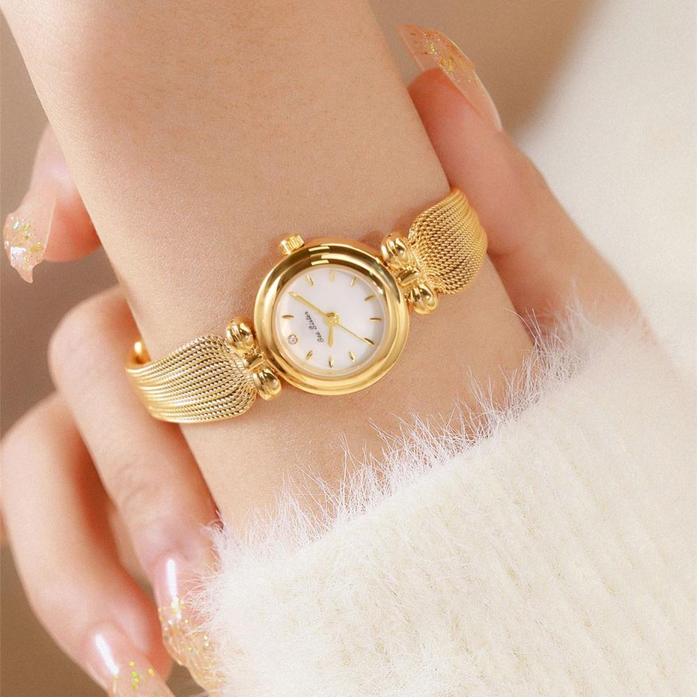 Mini Bowknot Mesh Band Women Quartz Watch, Small Round Dial Light Luxury Alloy Ladies Dress Wrist Watch with Shell Sunray Dial