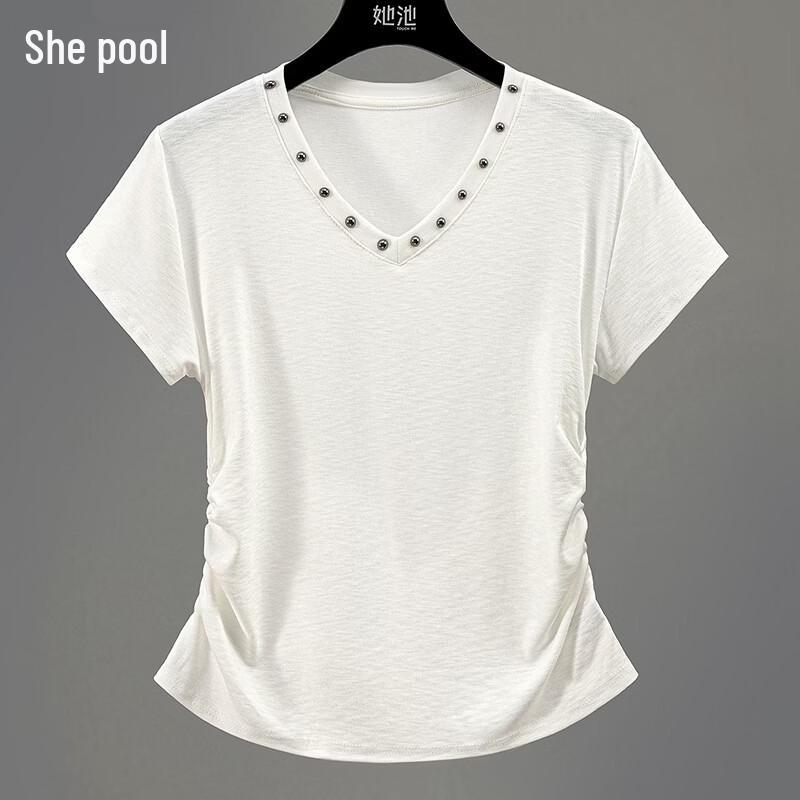 Women s Rivet V-Neck Pleated Slim Fit Short Sleeve T-Shirt One Size