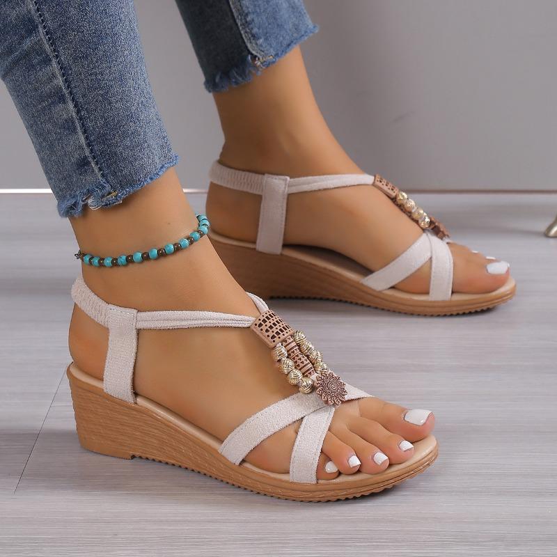 

New summer slope heel sandals women s bosimi casual handmade beaded flat-bottomed beach sandals 41