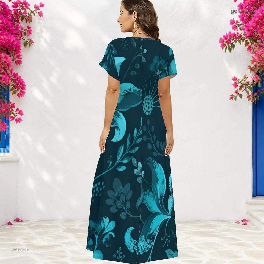 Women Plus Size V Neck Short Sleeve Pink Floral Printed Long Straight Dress