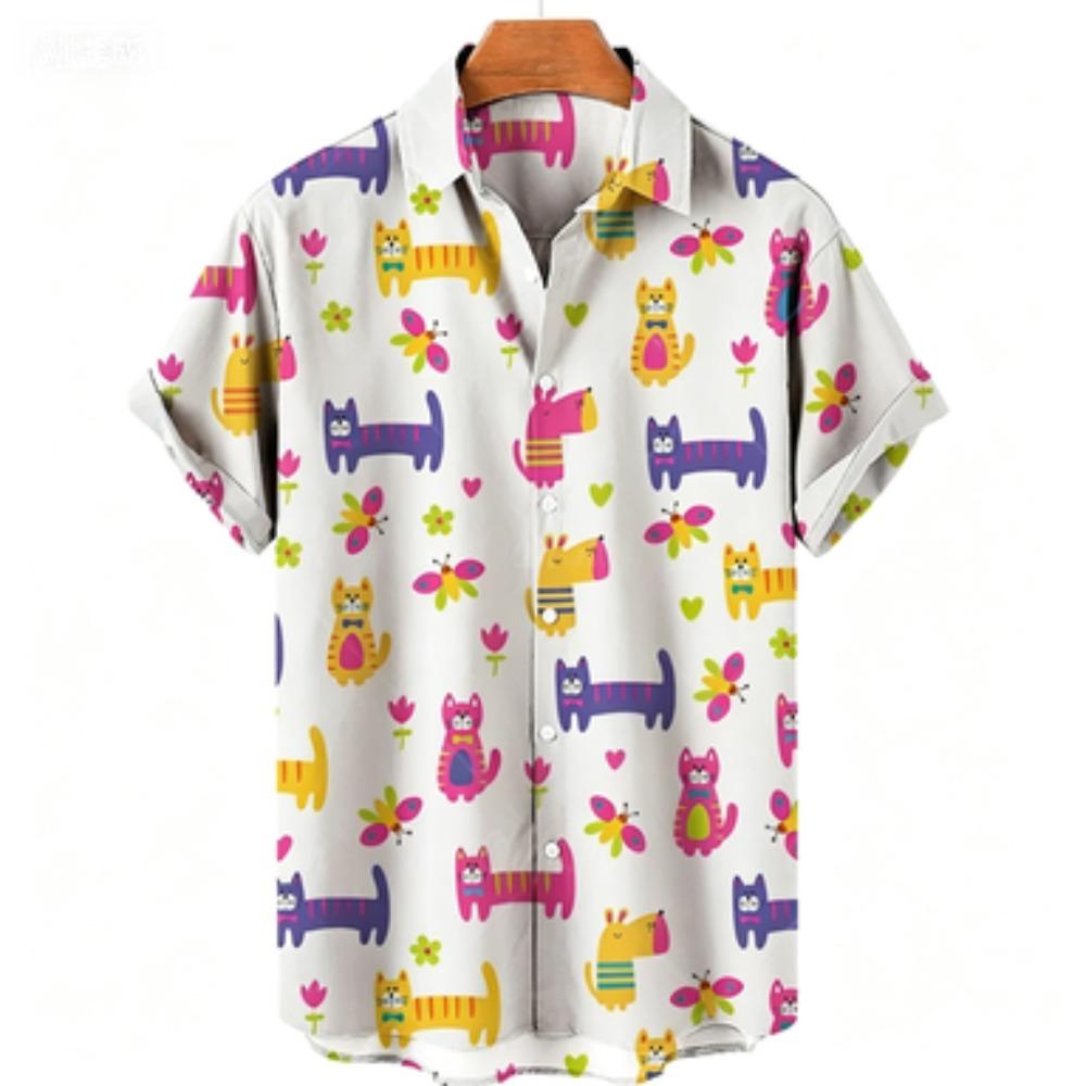 2026 Camicia Hawaiana Stampata Gatti Estiva da Uomo per Vacanza al Mare Top Casual Ampio Quotidiano