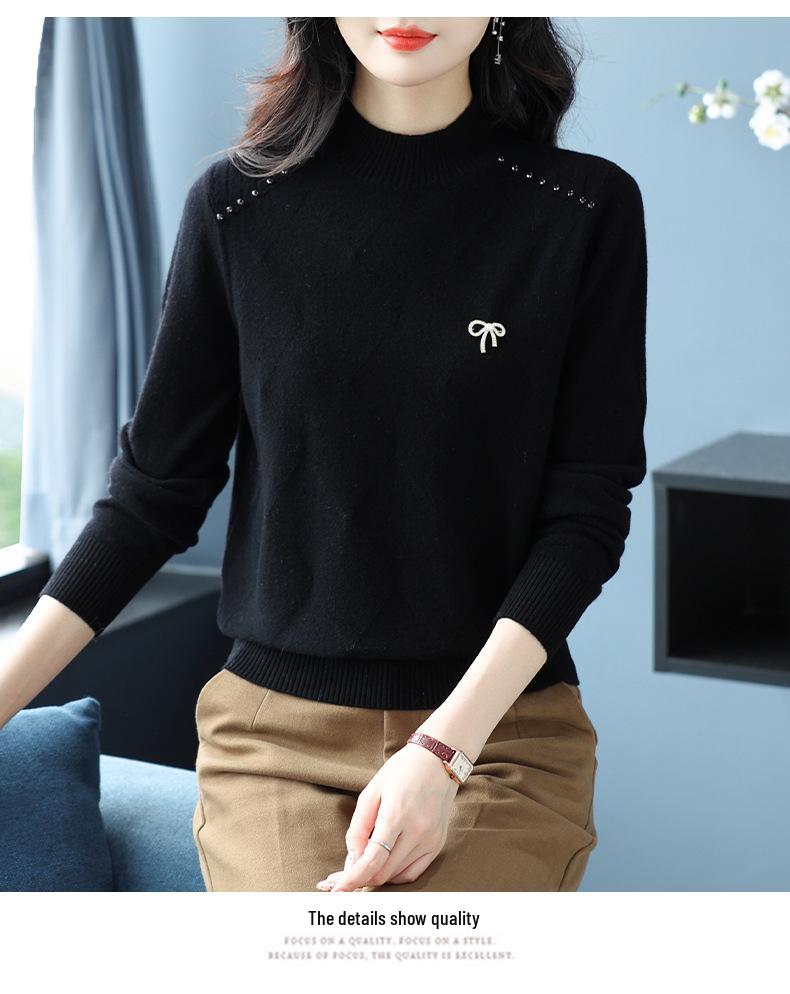 Stylish Women's Beaded Wool Sweater: Solid Color, Half-High Neck Pullover