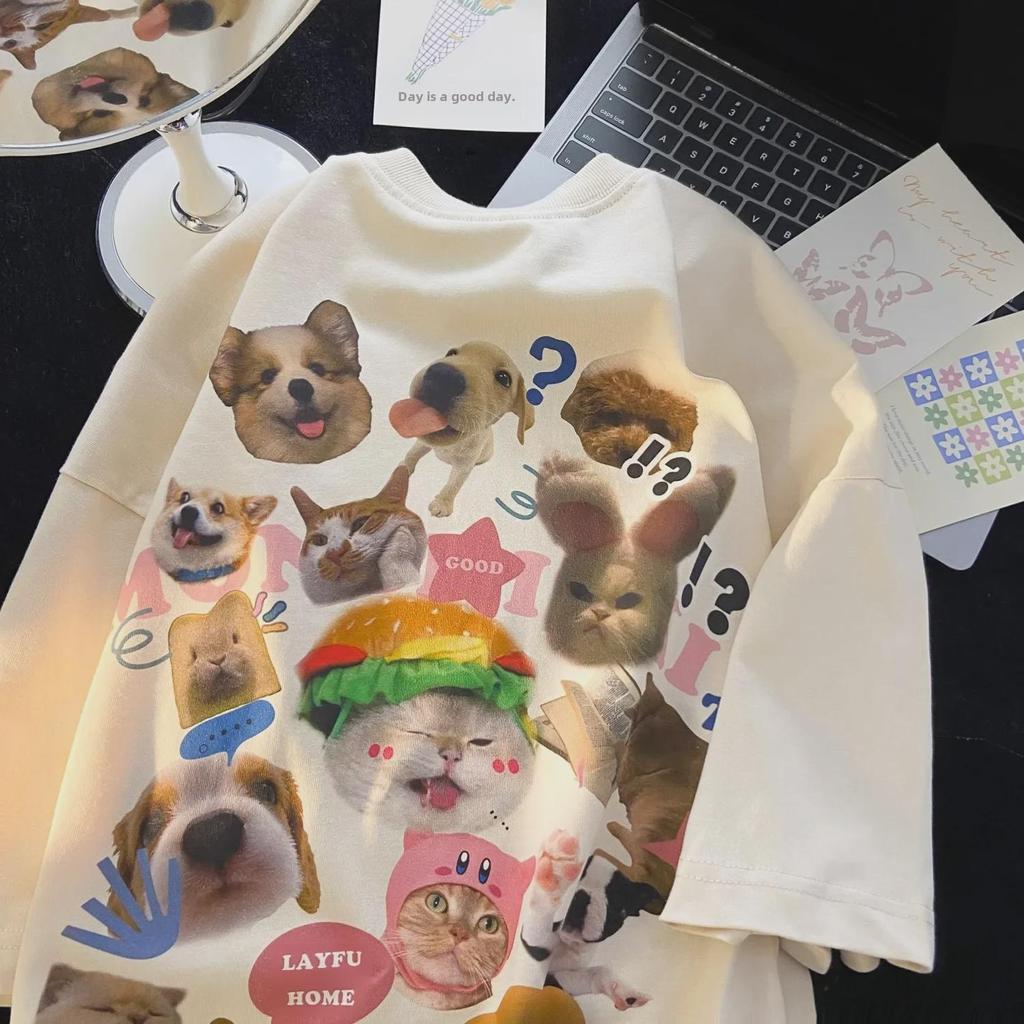 Women's Cute Cartoon Cat & Dog Print American Style Cotton T-Shirt - Short Sleeve, Round Neck, Loose Fit