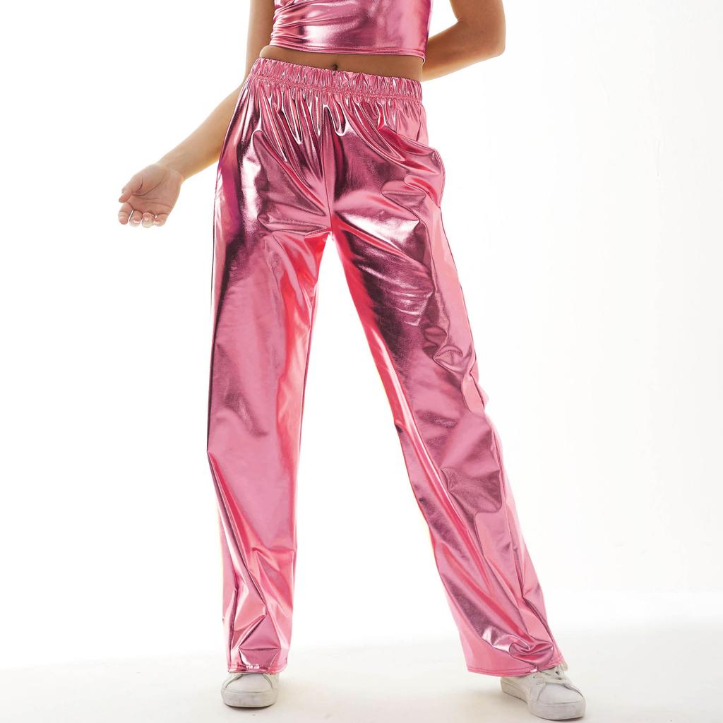 Pantaloni metalici strălucitori pentru femei, pantaloni largi, lungi, lejeri, pentru jogging, hip hop, dans