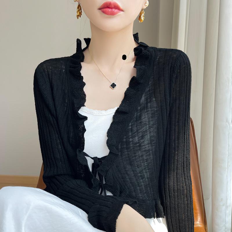 

Солнцезащитный вязаный свитер-кардиган для женщин, тонкий топ на бретелях с рубашкой для кондиционирования воздуха, летняя шаль, жилет из ледяного шелка, сказочная куртка XL