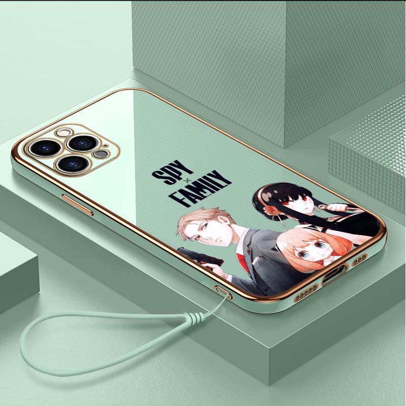 Luxusní pokovené TPU pouzdro na telefon se šňůrkou pro iPhone 6 6s 7 8 Plus SE XR XS 11 12 13 14 15 Pro Max měkké pouzdro A34 Spy X Family Anime Cover