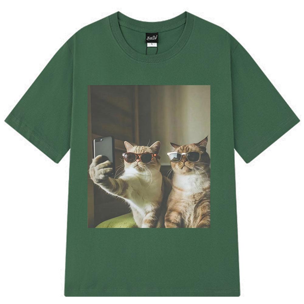 2026 Summer Cotton Tee Selfie Cool Cats Funny Meme Graphic Unisex Women Plus Size Loose Casual Hip Hop Streetwear Breathable Top