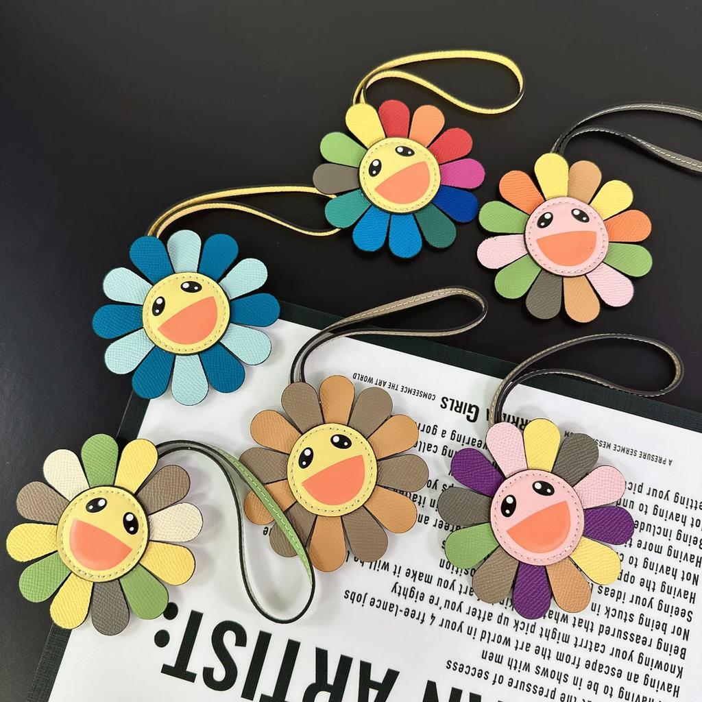 Colorful smiley face flower rainbow sunflower pendant fashion contrasting color leather platinum bag pendant accessories