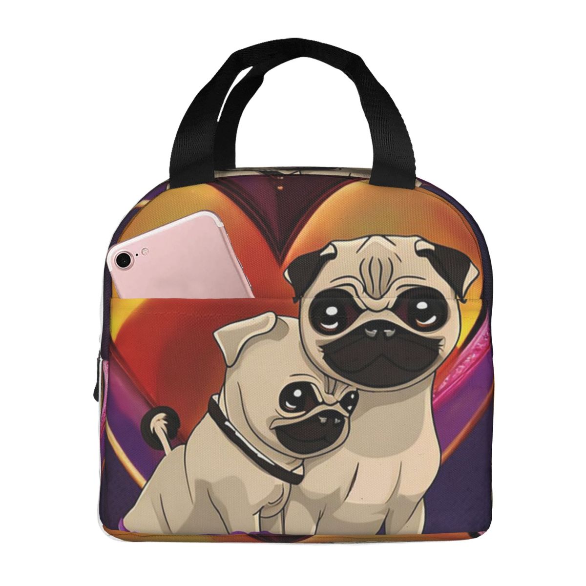 Two Pug Dog And Hearts In Love Insulated Lunch Bag for Women Kids Portable Food Boxes Thermal Lunch Box Tote One Size