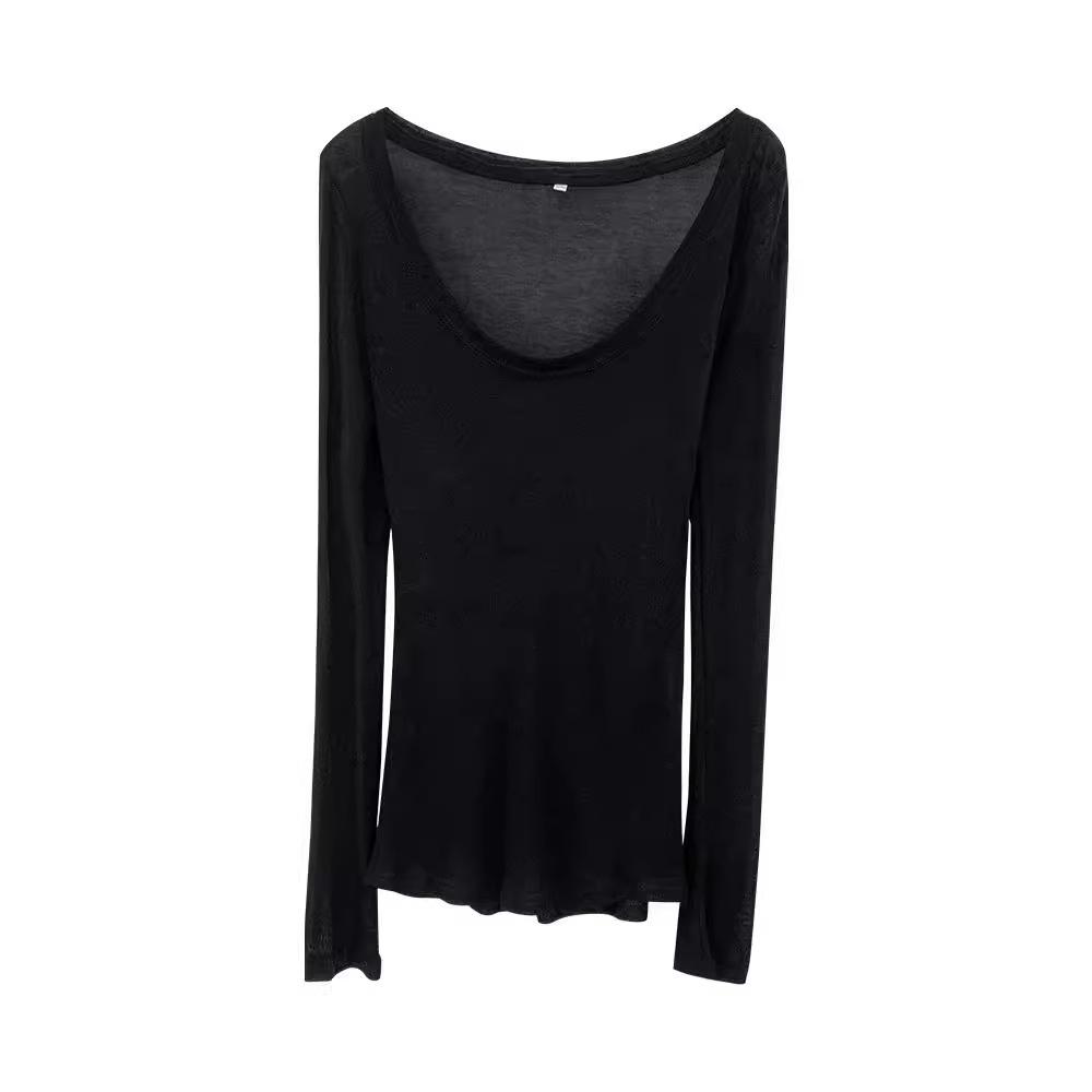 Tencel Skin Friendly Thin Slightly Sheer Slim Fit Spicy Girl White U Neck Sun Protection Base Layer Cover Up T Shirt Women Early Autumn Top