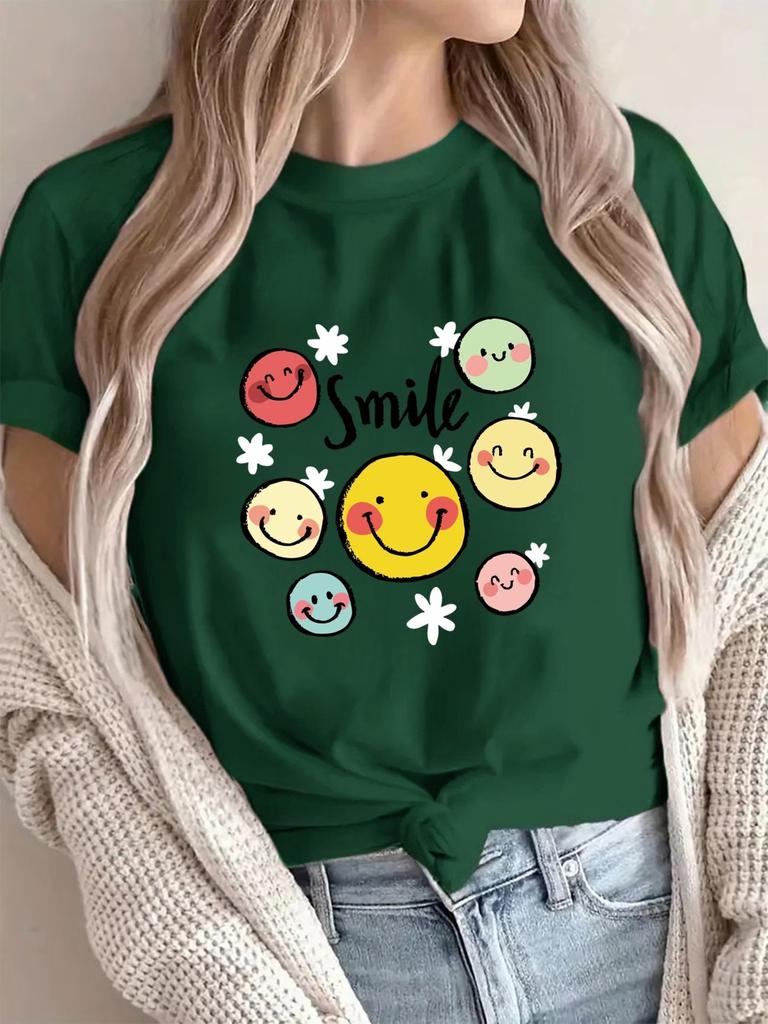 Women Smile Face Print T-Shirt Cute Cartoon Graphic Tee Crewneck Short Sleeve Casual Summer Tops Yellow Summer Tees