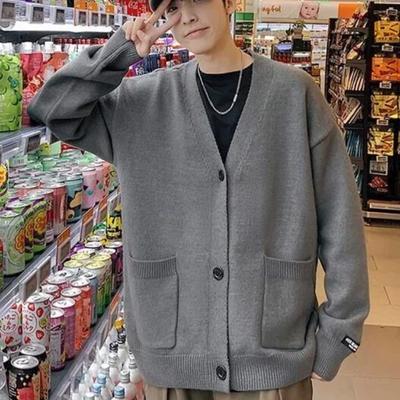 Herrenkleidung mit Taschen, Strickpullover für Herren, Mantel, einfarbig, schlichte Jacke, Strickjacke, Symbol, V-Ausschnitt, Overfit, hässliche koreanische Mode