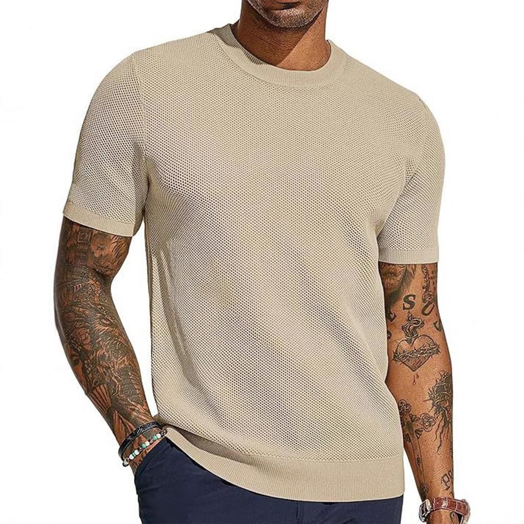 Men's Summer T-shirt Knitted European And American Retro Style Round Neck Long Sleeved Shirt