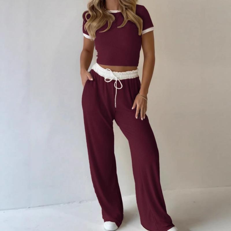 Womens Casual Short Sleeve Top And Wide Leg Pants Set