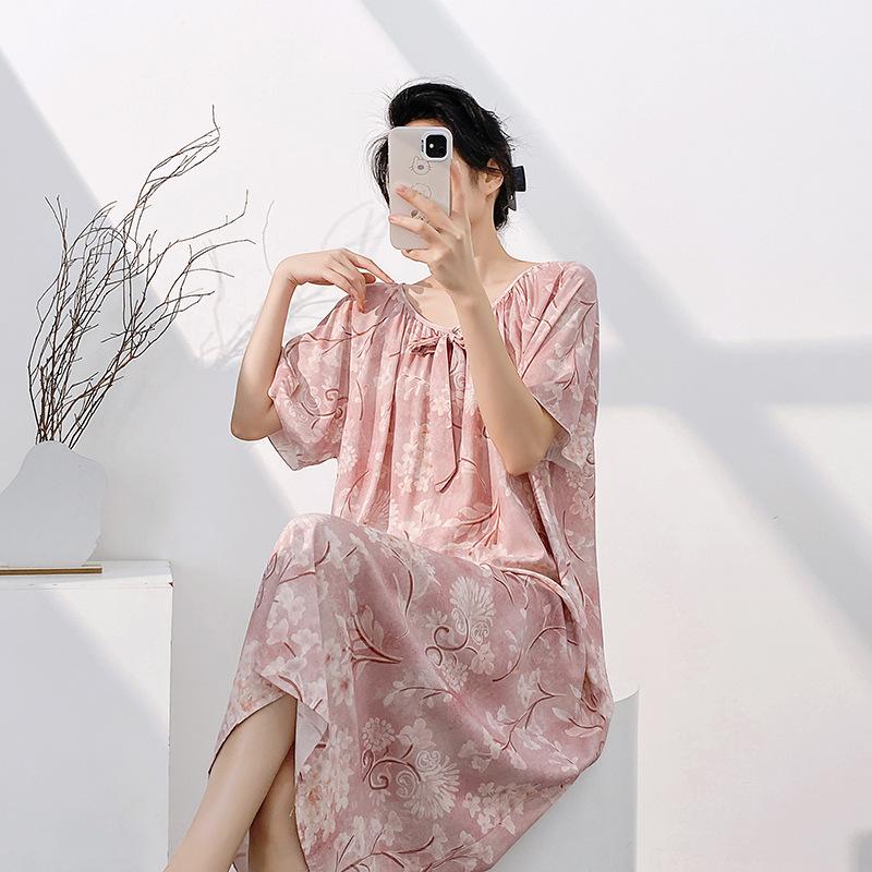 Cotton and Silk Nightgown Women's Summer Short-sleeved Thin New Chinese-style Printed Pajamas Internet Celebrity Live Broadcast Large Size Spring