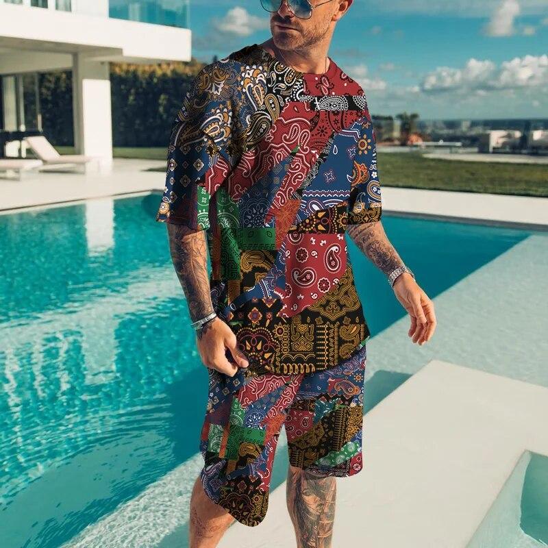 Personality Harajuku 3D Men's T-shirt Sets Casual Streetwear Oversized T-Shirt Shorts 2 Piece Set Summer Tracksuit Man Clothing