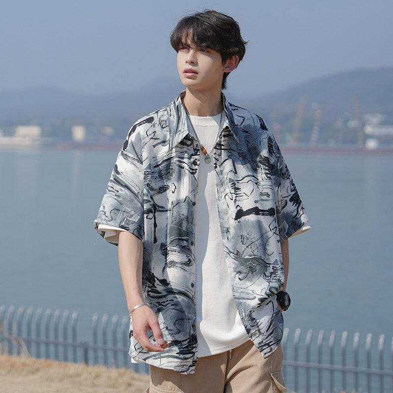 

Men s Oversized Abstract Print Short Sleeve Shirt - Loose Fit Casual Button Down for Streetwear M чорний
