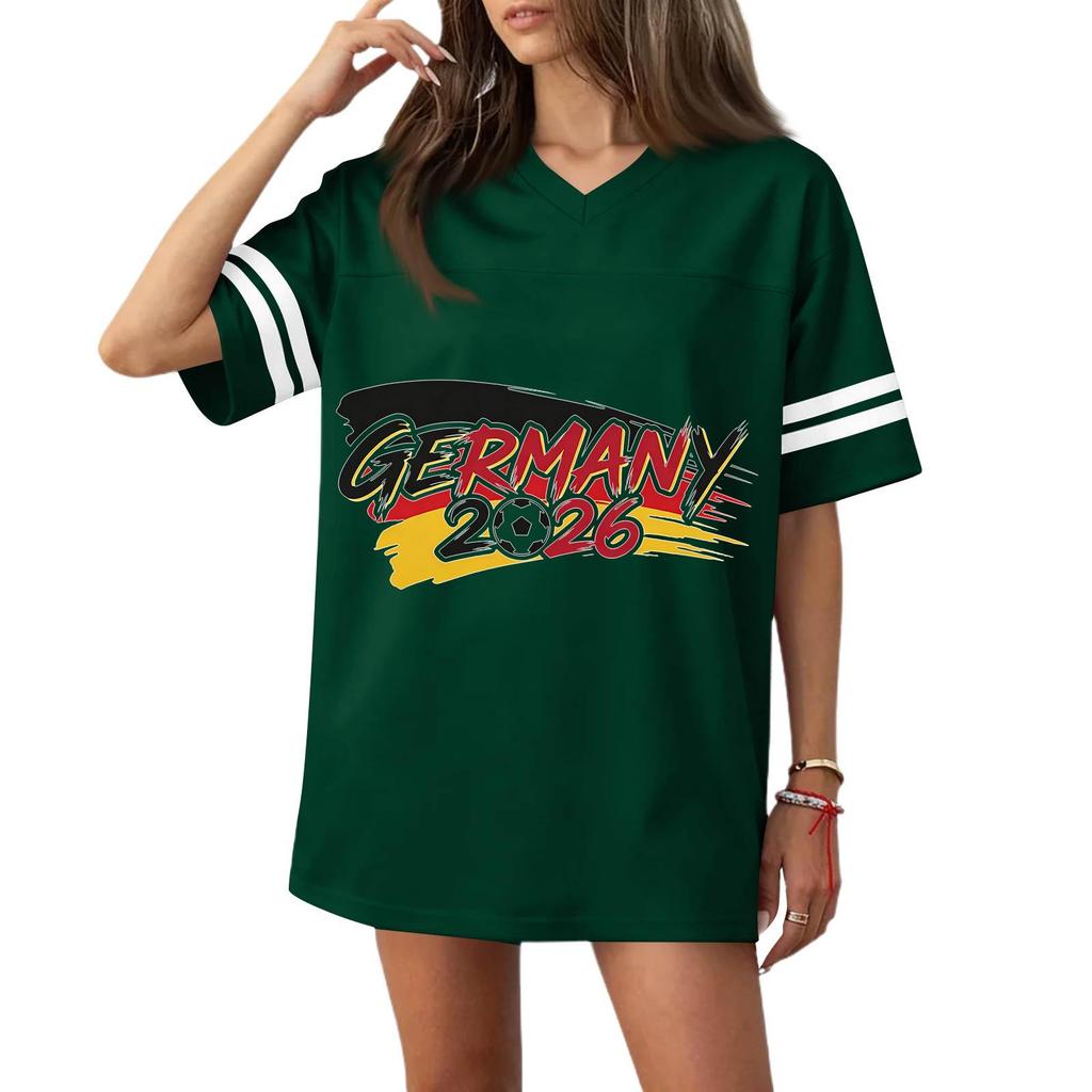 Women’s Casual V Neck Soccer Jersey Style Short Sleeve T Shirt with Germany Flag Print and 2026 Football Graphic Top