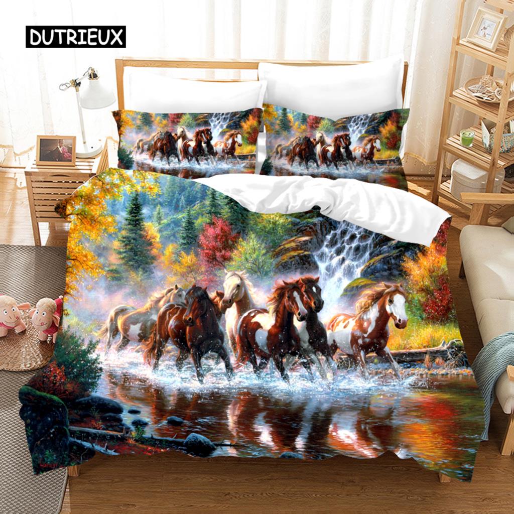 Bettbezug, Bettwäscheset mit laufendem Pferd, Tier-Bettbezug, weiche Bettdecke, Grasland, Queen-Size-Größe für Dekoration, Jungen, Teenager, Erwachsene, Schlafzimmer