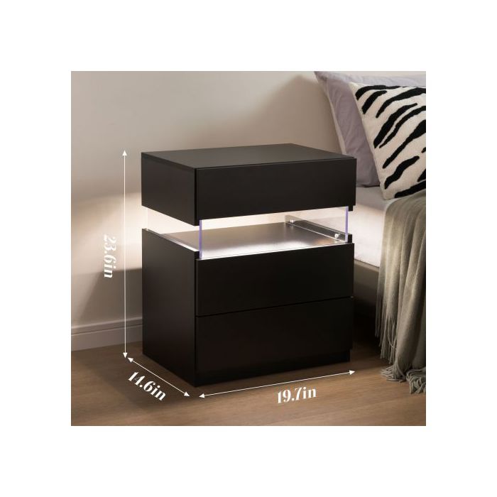 Table De Nuit LED - MUVOE - Noir - 3 Tiroirs - Panneau Acrylique - Éclairage Multicolore