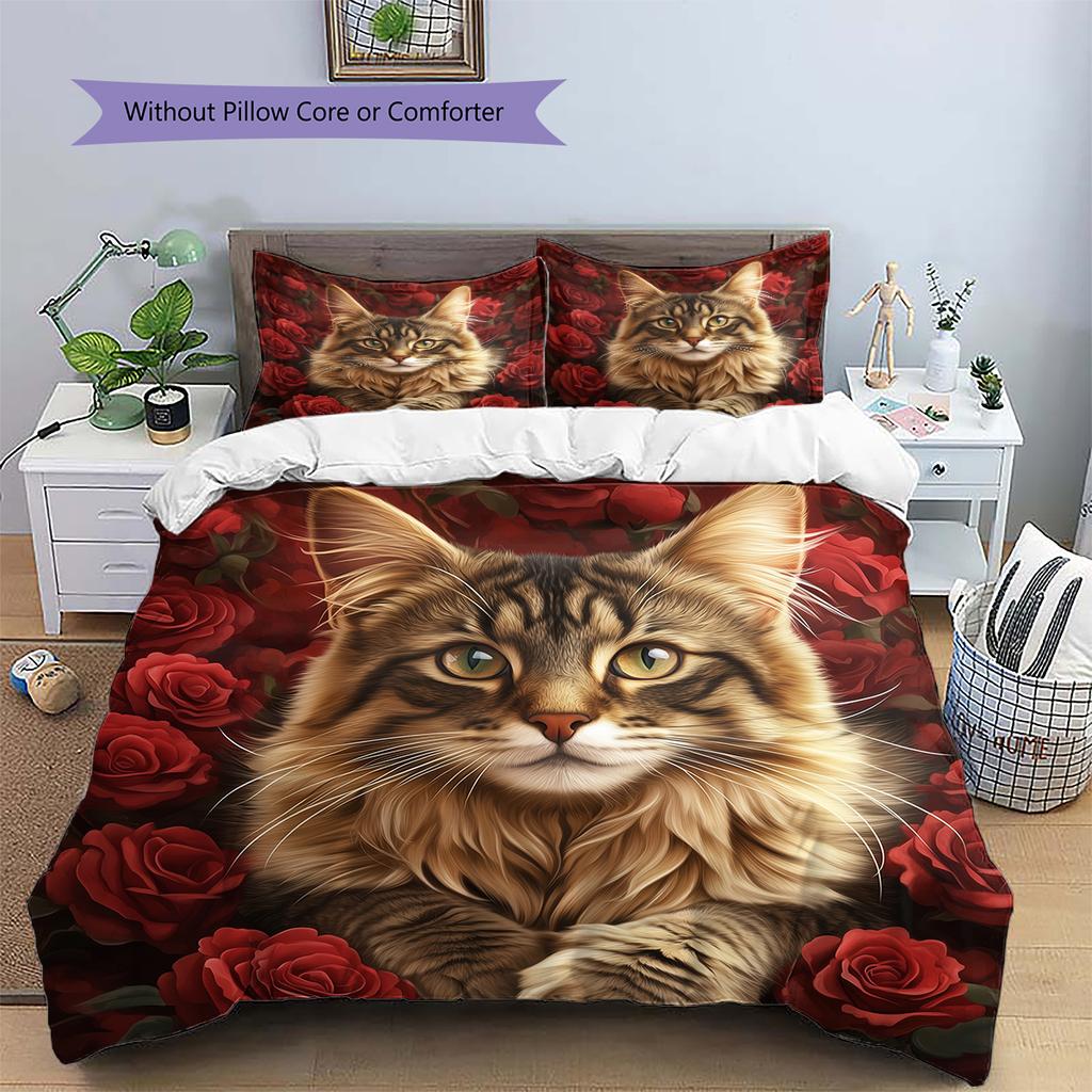 Maine Coon and Rose Pattern Bedding Home Decoration Birthday Gift (1 * duvet cover + 2 * pillowcase, without core)