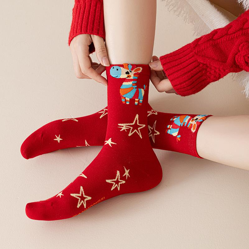 Red Socks Pure Cotton Year Of The Horse Tube Socks Cute Cartoon Season Cotton Boneless Festive Stockings