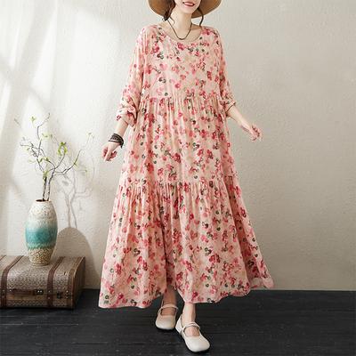 Autumn Thin Cotton Linen Fat MM Long Sleeved Loose Slimming Cake Big Swing A-line Dress for Women Dresses