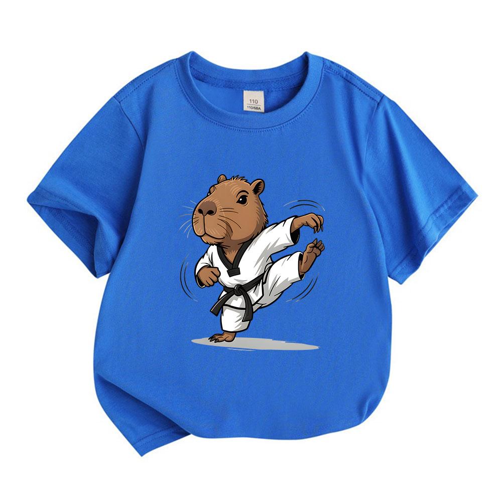 Kids Boys Girls 100% Cotton Crew Neck Short Sleeve T-Shirt, Funny Capybara Taekwondo Karate Martial Arts Cartoon Print Casual Cute Tee for Children Da