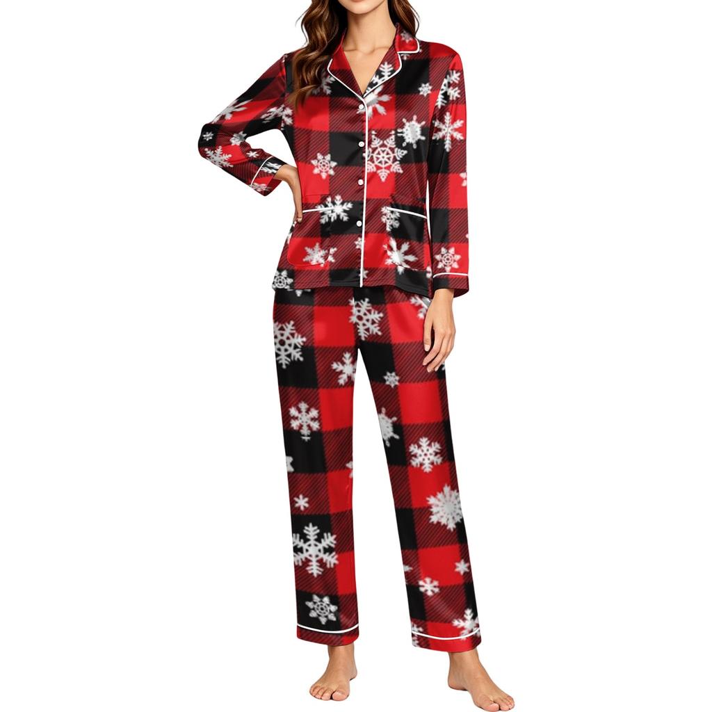 Women's Snowflake Print Long Sleeve Pajamas for Winter Sleepwear and Home Lounging