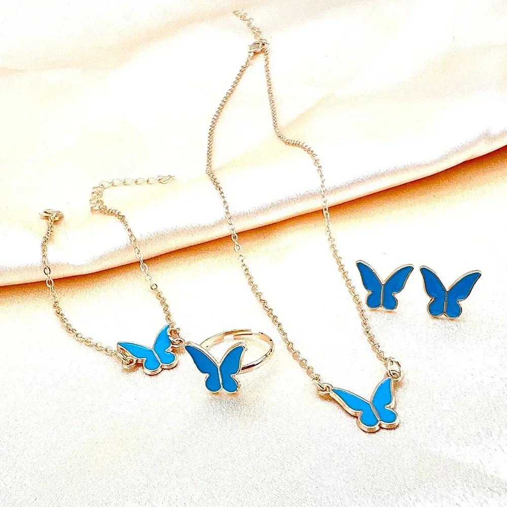 5 Pieces Gold Color Lady Enamel Butterfly Pendant Fashion Accessories Simple Necklace Bracelet Ring Earrings Party Zircon Set