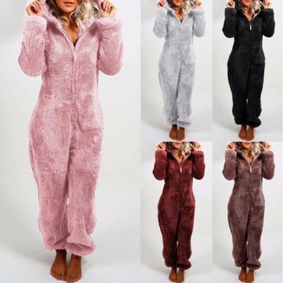 2024 Trendiger EU & US Herbst/Winter Fleecegefütterter Dicker Kapuzen-Jumpsuit Pyjama für Damen
