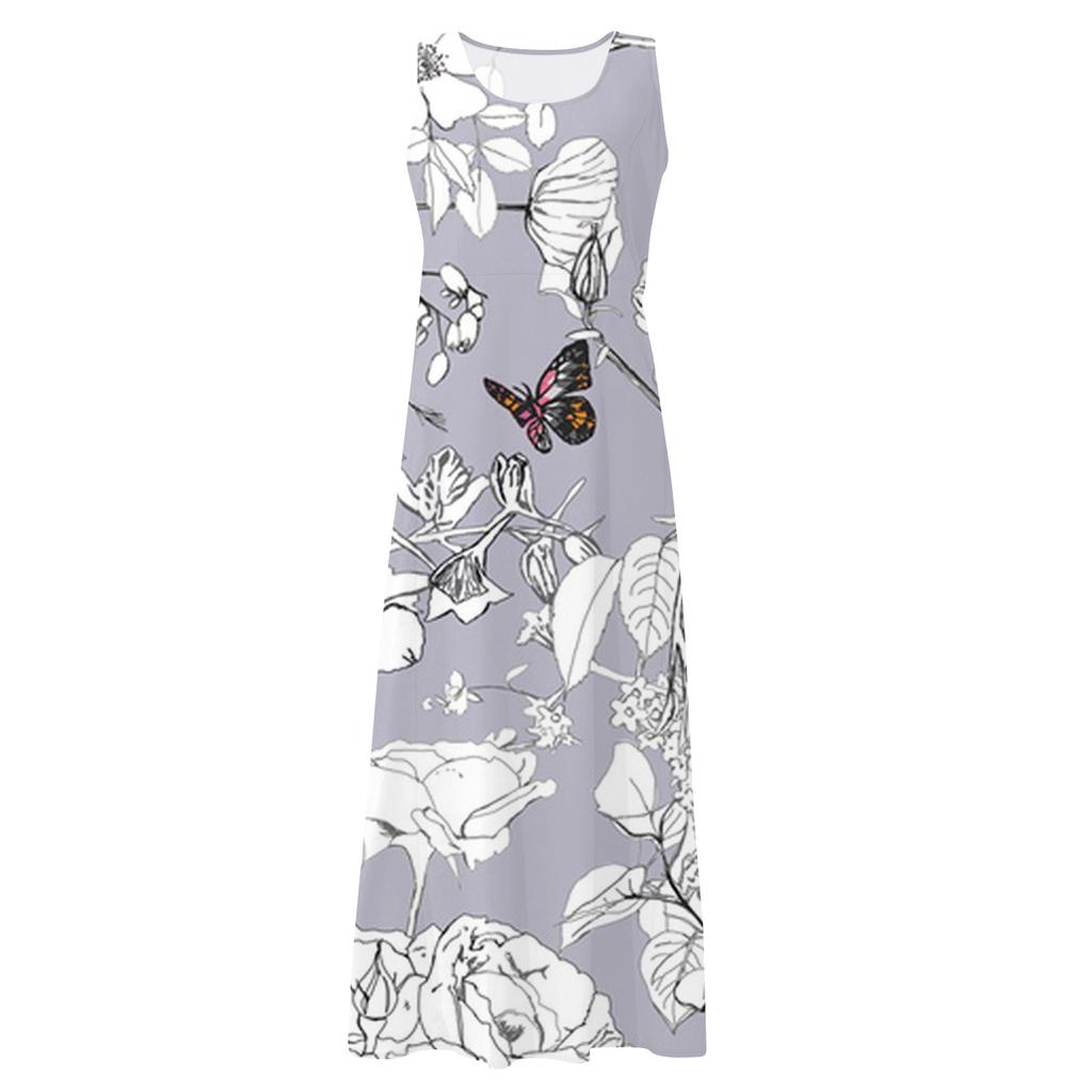 ქალთა შემთხვევითი კომფორტული ყვავილების პრინტით უმკლავო ბამბის ჯიბის კაბა