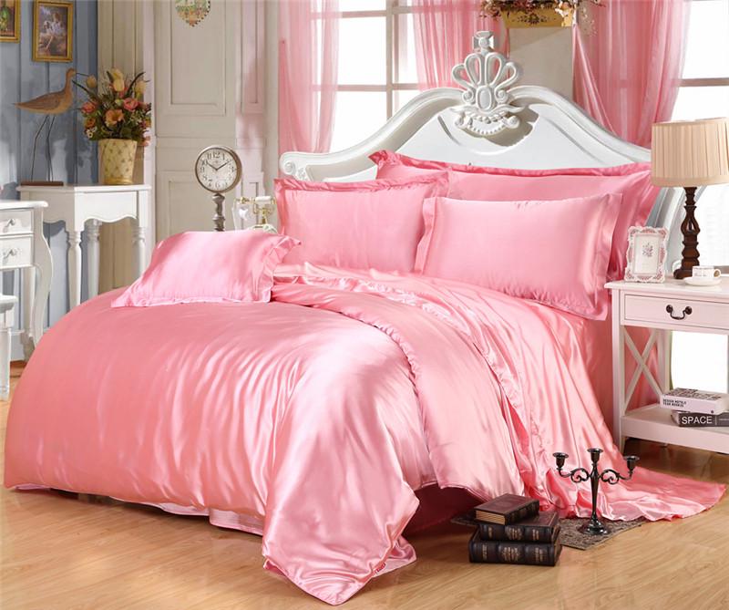Red Wedding Four-Piece Set: Imitation Mulberry Silk Duvet Cover and Bed Sheet in Solid Color, Double Size, Faux Tencel Tribute Satin.