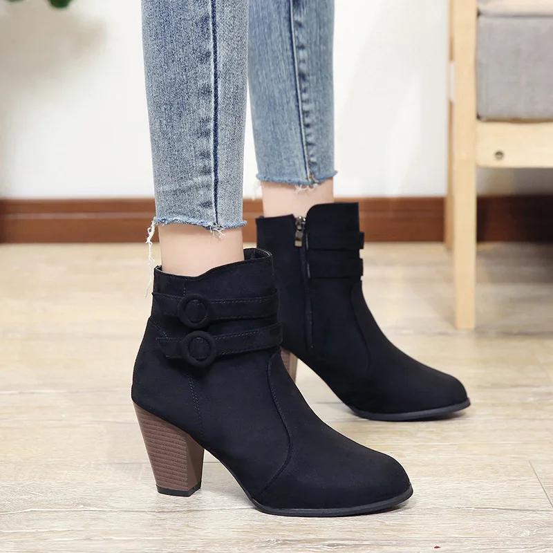 Fashion Retro Boots Women's Shoes 2024 New Square Heel Woman High Shoe Suede Ankle Female Solid Platform Short Botines Mujer