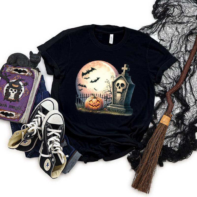 Pumpkin Skeleton Horror Halloween Tshirt Women Spooky Season Shirt Horror Pumpkin Graphic T Shirts Women Skeleton Halloween Top