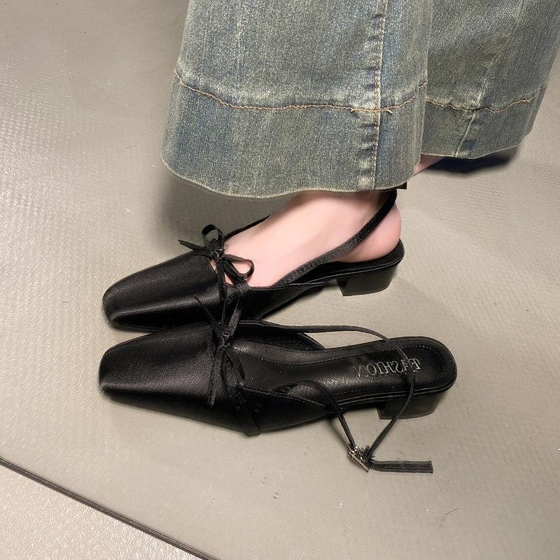 

Gentle fairy Mary Jane shoes 2025 French temperament socialite bow square head light mouth empty evening sandals 40 чёрный