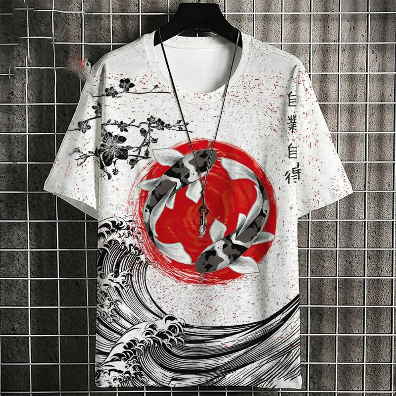 Ukiyo-E T-Shirt For Men Japanese Koi Carp Pattern Tshirts Casual Unisex Top Breathable Comfortable Summer New Oversized Clothing