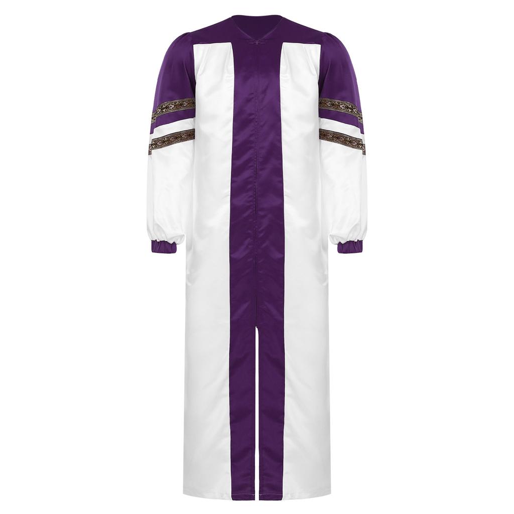 Mens Choir Robe Halloween Cosplay Theme Party Costume V Neck Embroidered Stripes Long Sleeve Clergy Gown