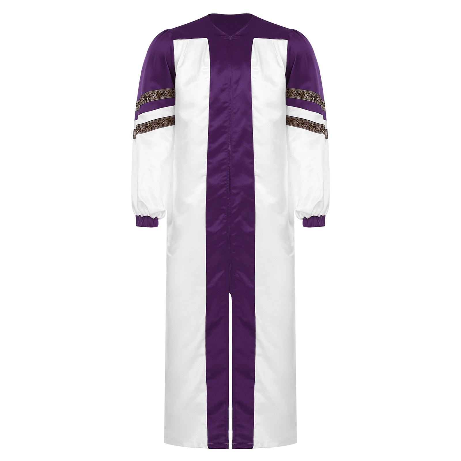 

Mens Choir Robe Halloween Cosplay Theme Party Costume V Neck Embroidered Stripes Long Sleeve Clergy Gown M фіолетовий