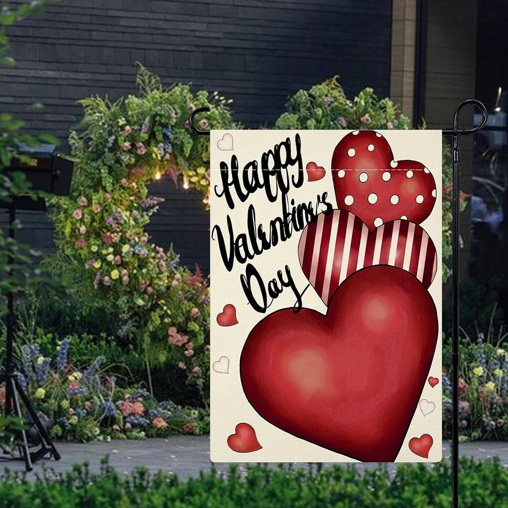 Drapeau de Jardin Saint-Valentin 30x45 cm Bannières Cœur en Jute Double Face Petits Drapeaux Décoratifs Saisonniers pour l'Extérieur