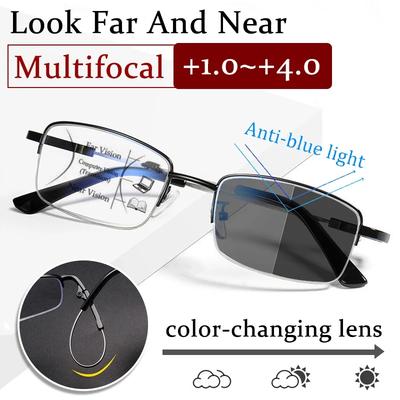 Photochromic Reading Glasses Titanium Alloy Frame Sun Glasses Men Presbyopia Glasses for Both Near and Far Use+100 To +400