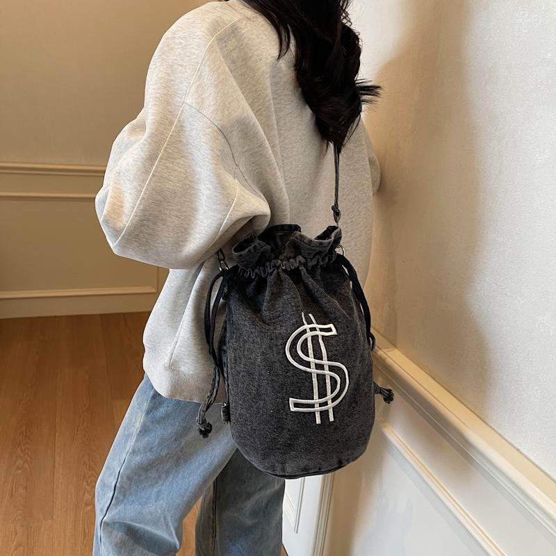 Embroidered Drawstring Bucket Bag Women's Denim Multi-Purpose Shoulder Bag
