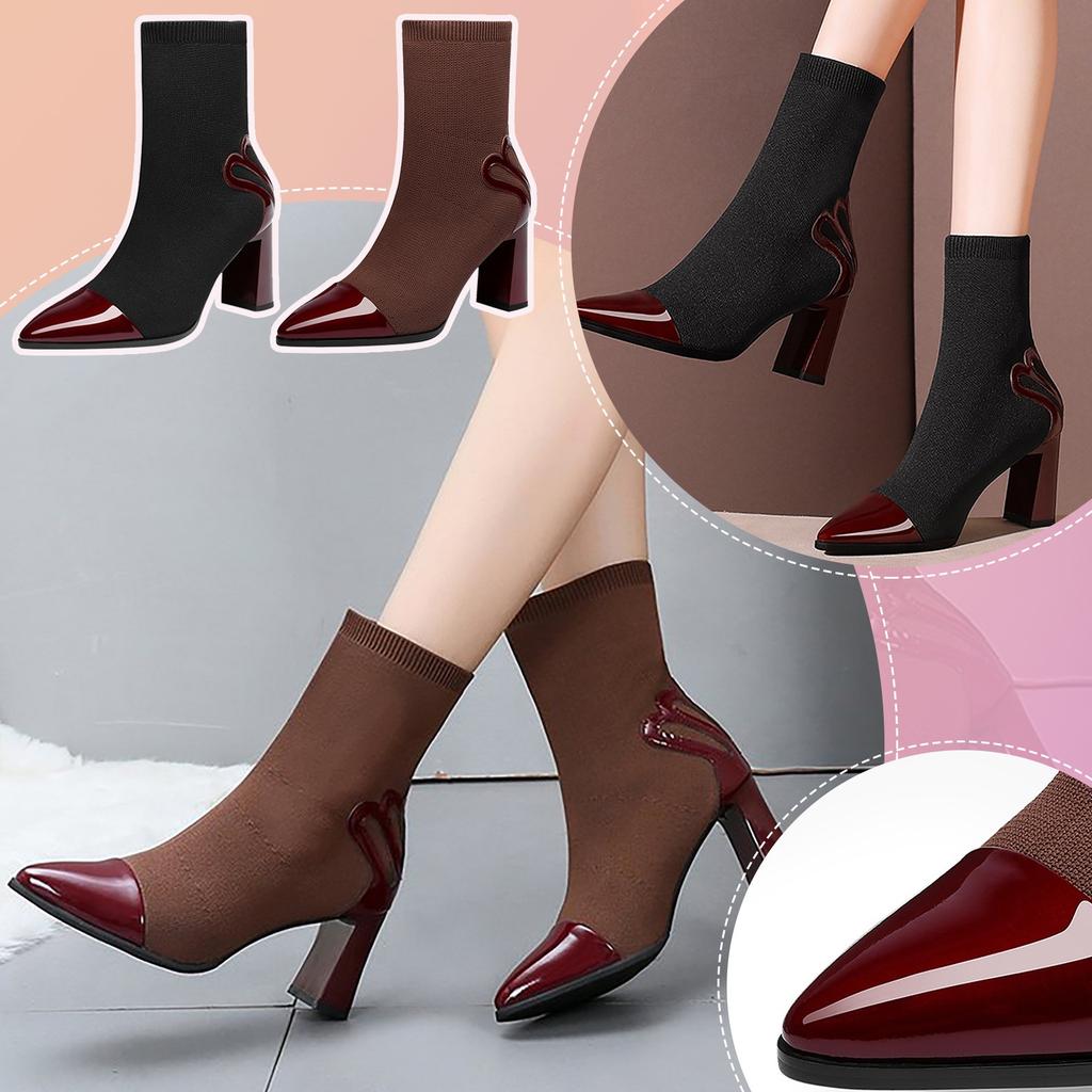 Women's Mesh Stretch Fabric Square Heel Nude Boots Pointed Casual Boots Women's Boots