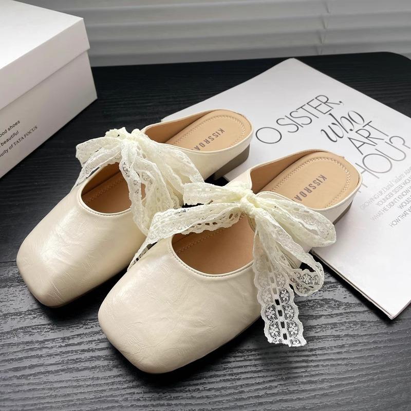 French small fragrant wind bag head half slippers women's shoes wear 2025 spring and summer evening lace Mary Jane half tray single shoes
