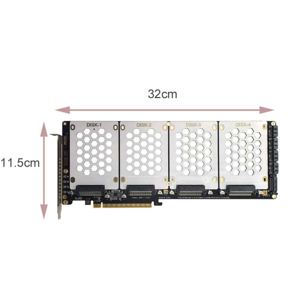 4-Port NVMe Interfaces To PCIe X16 Converter Card Motherboard Support PCIe X4x4x4x4 Bifurcation with LED Indicator